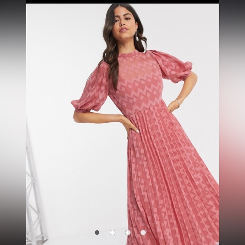 ASOS Design high neck pleated chevron dobby middy dress with puff sleeve in pink